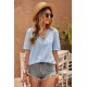 Sky Blue Lace Splicing V-Neck Swiss Dot Short Sleeve Top