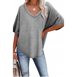 Gray V-Neck Thermal Knit Top