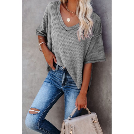 Gray V-Neck Thermal Knit Top