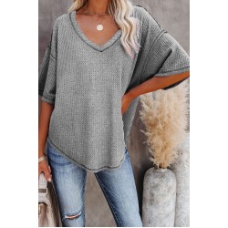 Gray V-Neck Thermal Knit Top