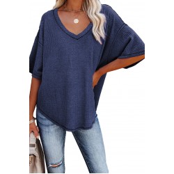 Blue V-Neck Thermal Knit Top