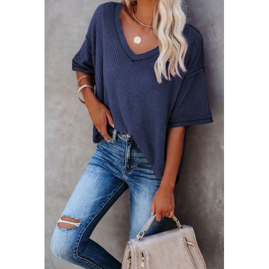 Blue V-Neck Thermal Knit Top