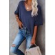 Blue V-Neck Thermal Knit Top