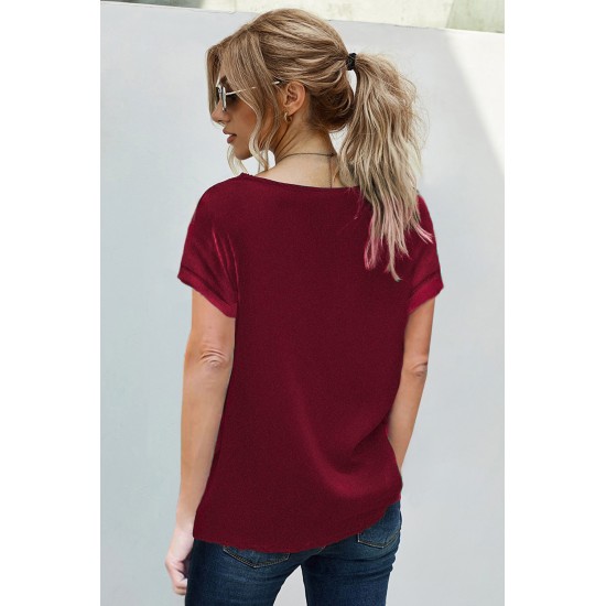 Wine Lace V Neck Short Sleeve T-shirt