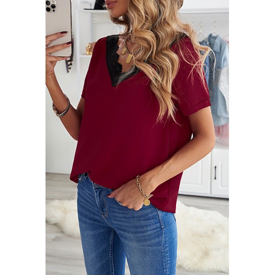 Wine Lace V Neck Short Sleeve T-shirt