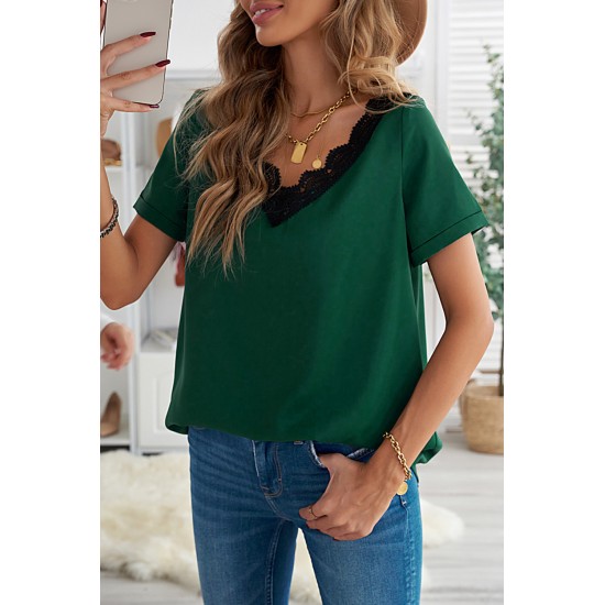 Green Lace V Neck Short Sleeve T-shirt