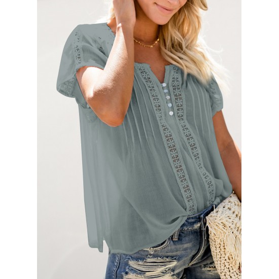 Crochet Eyelet Short Sleeves Top