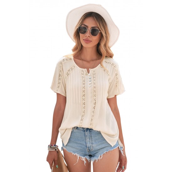 Apricot Crochet Eyelet Short Sleeves Top