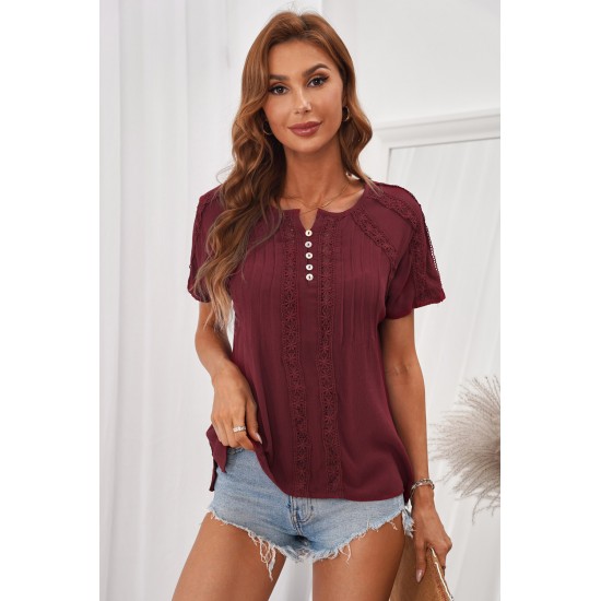 Wine Red Crochet Eyelet Short Sleeves Top