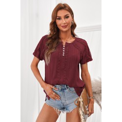 Wine Red Crochet Eyelet Short Sleeves Top