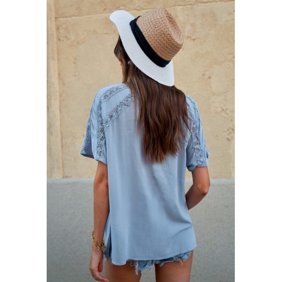 Sky Blue Crochet Eyelet Short Sleeves Top