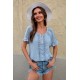 Sky Blue Crochet Eyelet Short Sleeves Top