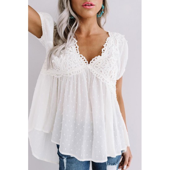 White Short Bubble Sleeves Textured Babydoll Top