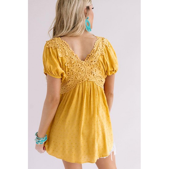 Mustard Short Bubble Sleeves Textured Babydoll Top