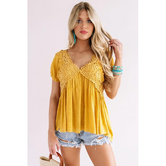 Mustard Short Bubble Sleeves Textured Babydoll Top