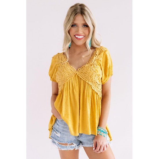 Mustard Short Bubble Sleeves Textured Babydoll Top