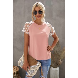 Pink Crewneck Applique Splicing Sleeve Top