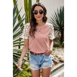 Pink Crewneck Applique Splicing Sleeve Top