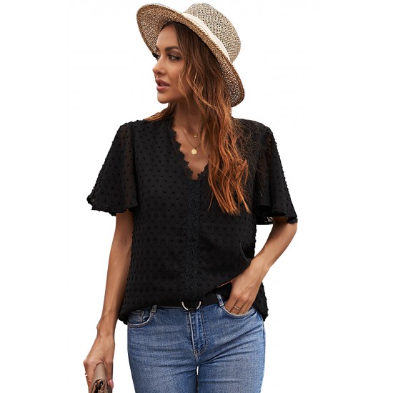 Black Crochet V Neck Swiss Dot Butterfly Sleeve Top