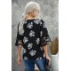 Black V Neck Mesh Splicing Sleeve Palm Leaf Print Top