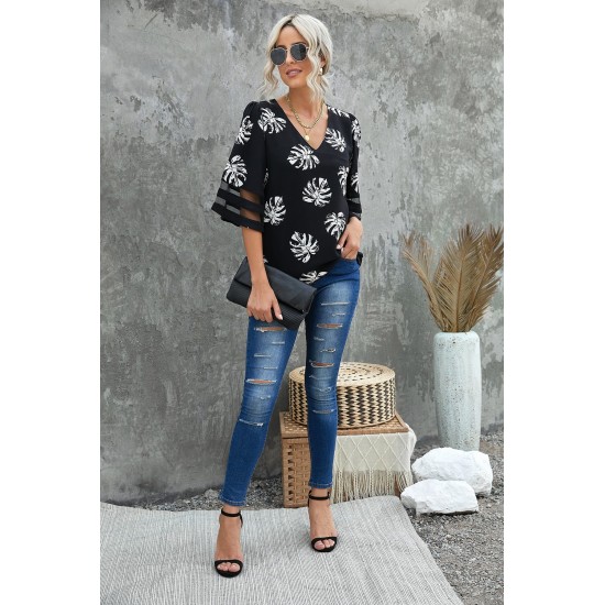 Black V Neck Mesh Splicing Sleeve Palm Leaf Print Top