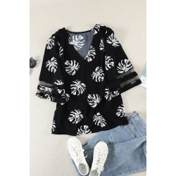 Black V Neck Mesh Splicing Sleeve Palm Leaf Print Top