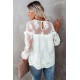 White Solid Color Crewneck Lace Mesh Ruffle Top