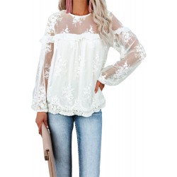 White Solid Color Crewneck Lace Mesh Ruffle Top