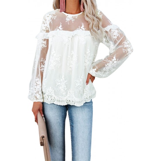 White Solid Color Crewneck Lace Mesh Ruffle Top