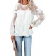 White Solid Color Crewneck Lace Mesh Ruffle Top