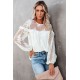 White Solid Color Crewneck Lace Mesh Ruffle Top