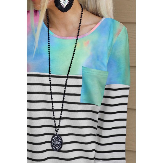 Stripe Tie-dyed Print Pocket 3/4 Sleeve Top