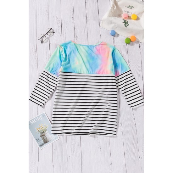 Stripe Tie-dyed Print Pocket 3/4 Sleeve Top