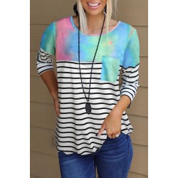 Stripe Tie-dyed Print Pocket 3/4 Sleeve Top