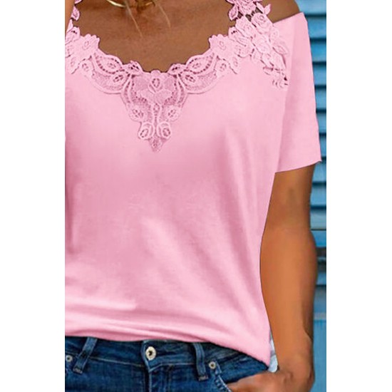 Pink Lace Splicing Cold Shoulder Short Sleeve T-shirt