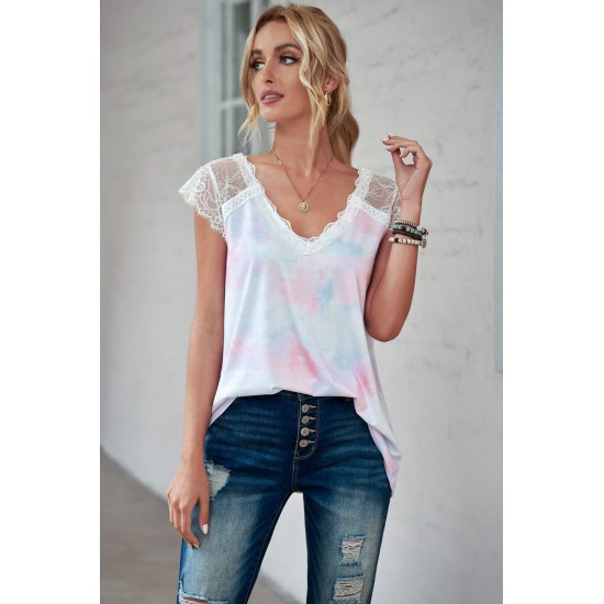 White Lace Splicing V Neck Short Sleeve Tie-dye Top