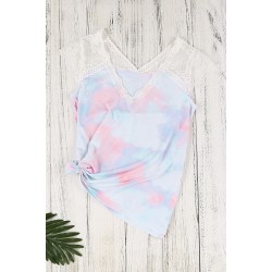 White Lace Splicing V Neck Short Sleeve Tie-dye Top