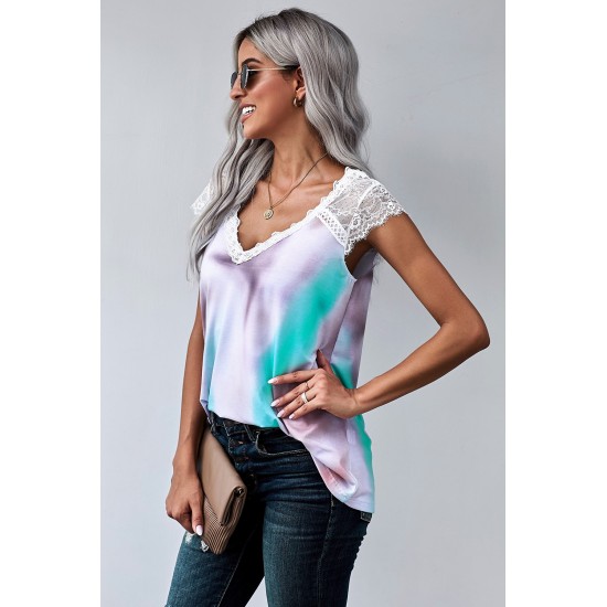 Multicolor Lace Splicing V Neck Short Sleeve Tie-dye Top