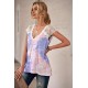 Purple Lace Splicing V Neck Short Sleeve Tie-dye Top