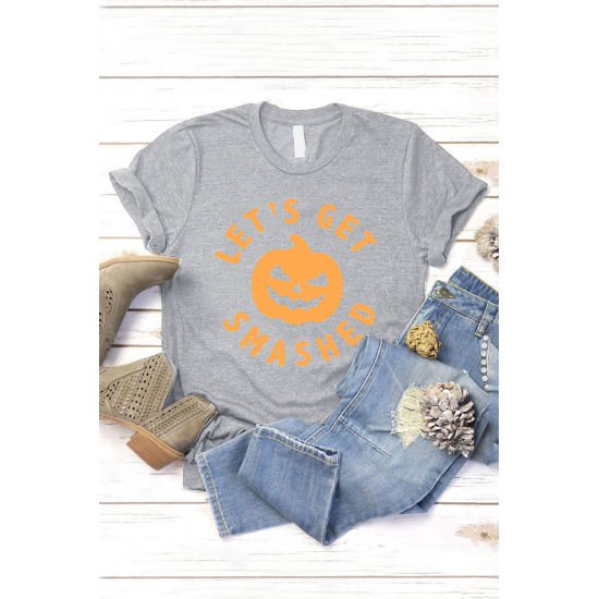 Gray LET'S GET SMASHED Pumpkin Face Graphic Tee