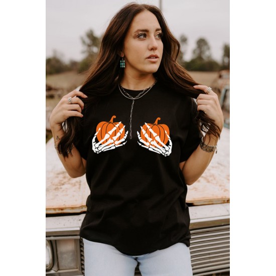 Halloween Skeleton Pumpkin Print Short Sleeve Tee