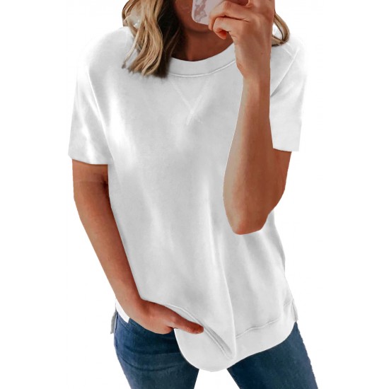 White Round Neck Short Sleeve Solid Color Tee