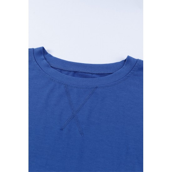 Blue Round Neck Short Sleeve Solid Color Tee