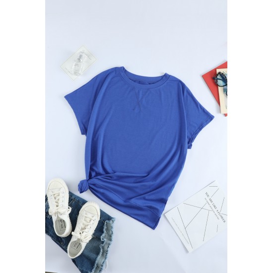 Blue Round Neck Short Sleeve Solid Color Tee