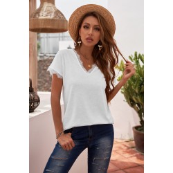 White V Neck Lace Trim Short Sleeve Top