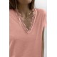 Pink V Neck Lace Trim Short Sleeve Top