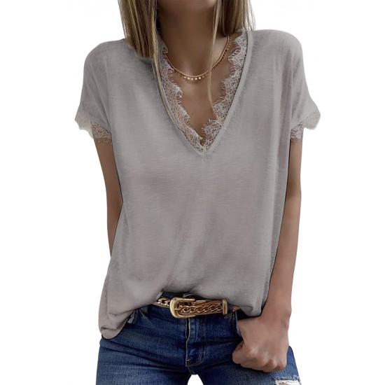 Gray V Neck Lace Trim Short Sleeve Top