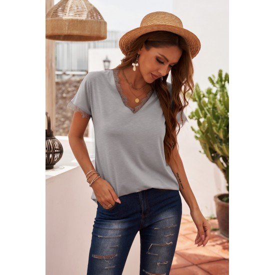 Gray V Neck Lace Trim Short Sleeve Top