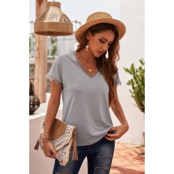 Gray V Neck Lace Trim Short Sleeve Top