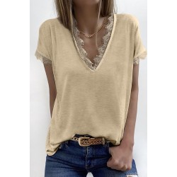 Apricot V Neck Lace Trim Short Sleeve Top